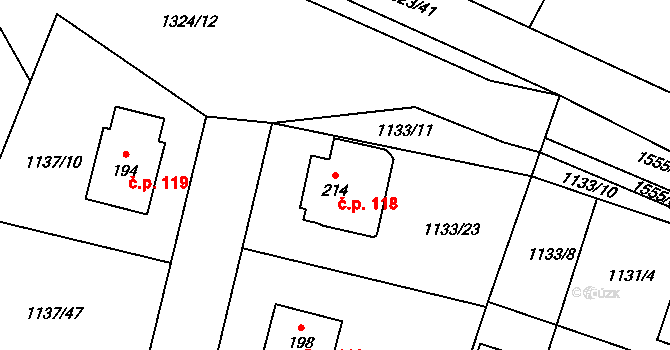 Dynín 118 na parcele st. 214 v KÚ Dynín, Katastrální mapa