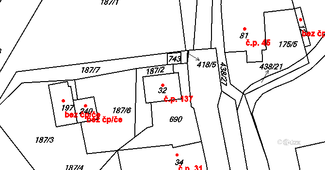 Rtyně nad Bílinou 137 na parcele st. 32 v KÚ Rtyně nad Bílinou, Katastrální mapa