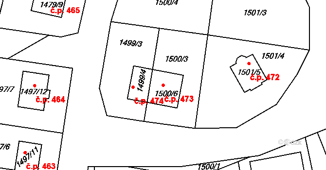 Bošovice 473 na parcele st. 1500/6 v KÚ Bošovice, Katastrální mapa