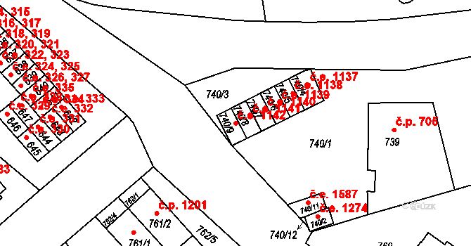 Děčín II-Nové Město 1142, Děčín na parcele st. 740/9 v KÚ Děčín, Katastrální mapa