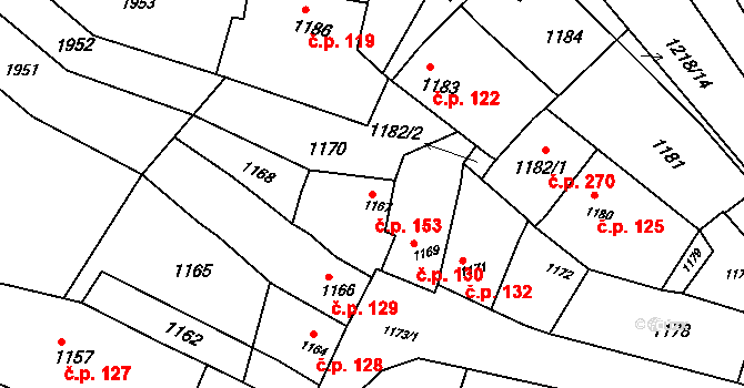 Pustiměř 153 na parcele st. 1167 v KÚ Pustiměř, Katastrální mapa
