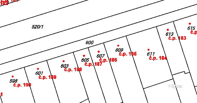 Vážany nad Litavou 186 na parcele st. 607 v KÚ Vážany nad Litavou, Katastrální mapa