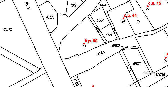 Podlažice 59, Chrast na parcele st. 27 v KÚ Podlažice, Katastrální mapa