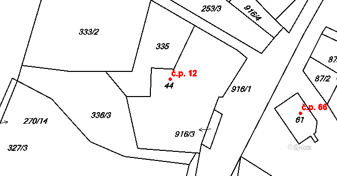 Mokrosuky 12 na parcele st. 44 v KÚ Mokrosuky, Katastrální mapa