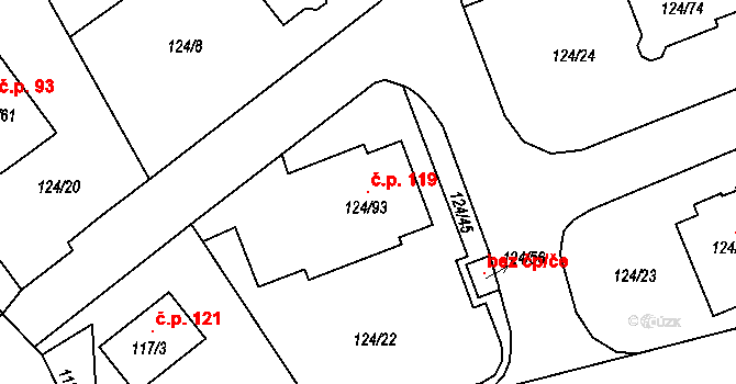Stradov 119, Chlumec na parcele st. 124/93 v KÚ Stradov u Chabařovic, Katastrální mapa