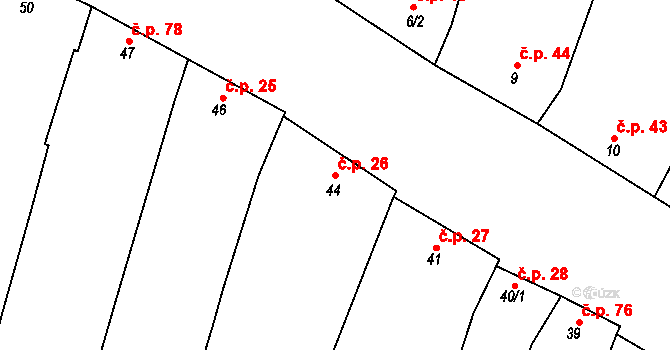 Prasklice 26 na parcele st. 44 v KÚ Prasklice, Katastrální mapa