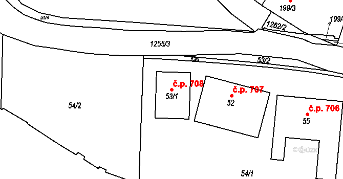 Liboc 708, Praha na parcele st. 53/1 v KÚ Liboc, Katastrální mapa