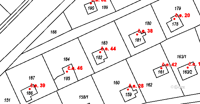 Dojetřice 44, Sázava na parcele st. 182 v KÚ Dojetřice, Katastrální mapa