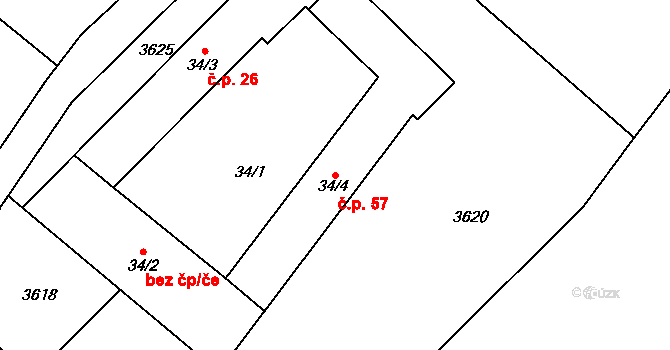 Vrábče 57 na parcele st. 34/4 v KÚ Vrábče, Katastrální mapa
