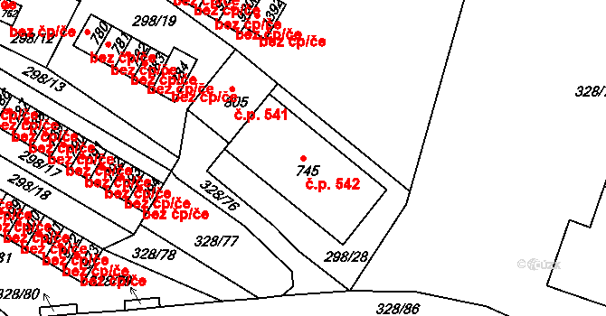 Tanvald 542 na parcele st. 745 v KÚ Tanvald, Katastrální mapa