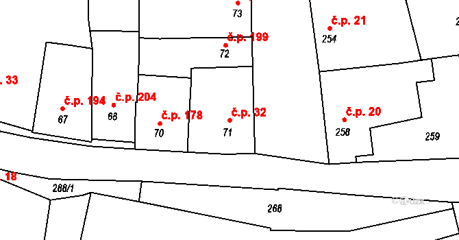 Veverská Bítýška 32 na parcele st. 71 v KÚ Veverská Bítýška, Katastrální mapa