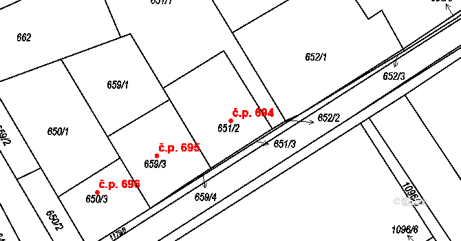 Šardice 694 na parcele st. 651/2 v KÚ Šardice, Katastrální mapa