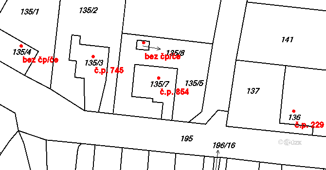 Kosmonosy 854 na parcele st. 135/7 v KÚ Kosmonosy, Katastrální mapa