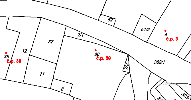 Želkovice 28, Hořiněves na parcele st. 36 v KÚ Želkovice, Katastrální mapa
