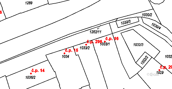 Hulín 296 na parcele st. 1033/2 v KÚ Hulín, Katastrální mapa