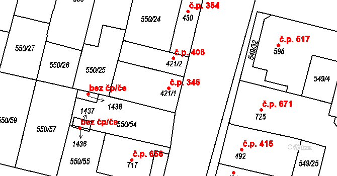 Libochovice 346 na parcele st. 421/1 v KÚ Libochovice, Katastrální mapa