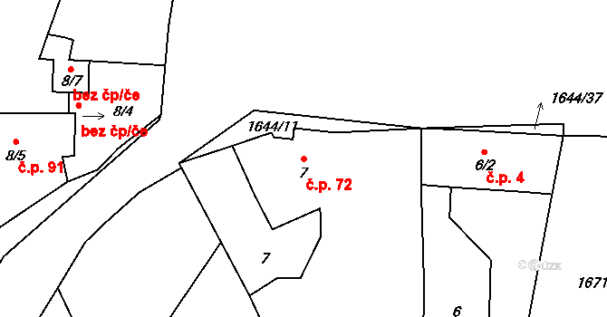 Brníkov 72, Mšené-lázně na parcele st. 7 v KÚ Brníkov, Katastrální mapa
