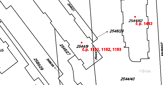 Valašské Meziříčí 1191,1192,1193 na parcele st. 2544/9 v KÚ Valašské Meziříčí-město, Katastrální mapa