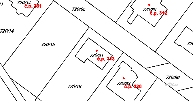 Semice 313 na parcele st. 720/31 v KÚ Semice nad Labem, Katastrální mapa