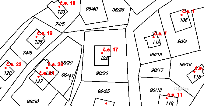 Rašovice 17, Klášterec nad Ohří na parcele st. 122 v KÚ Rašovice u Klášterce nad Ohří, Katastrální mapa