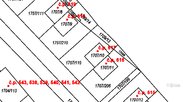 Miřetice u Klášterce nad Ohří 617, Klášterec nad Ohří na parcele st. 1707/10 v KÚ Miřetice u Klášterce nad Ohří, Katastrální mapa