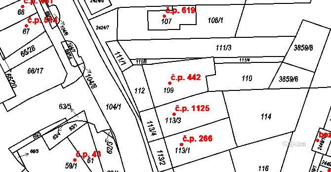 Komín 442, Brno na parcele st. 109 v KÚ Komín, Katastrální mapa