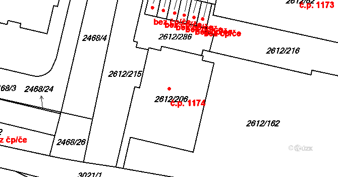 Braník 1174, Praha na parcele st. 2612/206 v KÚ Braník, Katastrální mapa