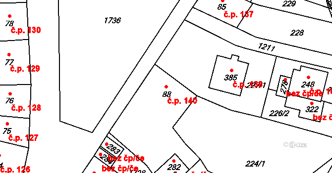 Pilníkov 140 na parcele st. 88 v KÚ Pilníkov I, Katastrální mapa