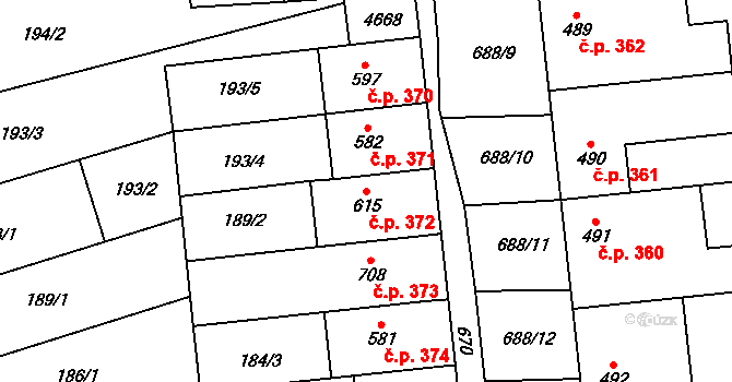 Hroznová Lhota 372 na parcele st. 615 v KÚ Hroznová Lhota, Katastrální mapa