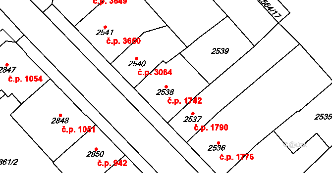 Chomutov 1742 na parcele st. 2538 v KÚ Chomutov I, Katastrální mapa