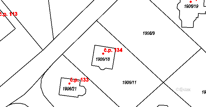 Liberec XVI-Nový Harcov 134, Liberec na parcele st. 1906/18 v KÚ Starý Harcov, Katastrální mapa