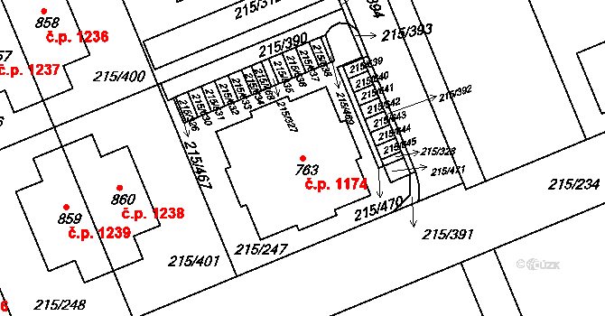 Rudná 1174 na parcele st. 763 v KÚ Hořelice, Katastrální mapa