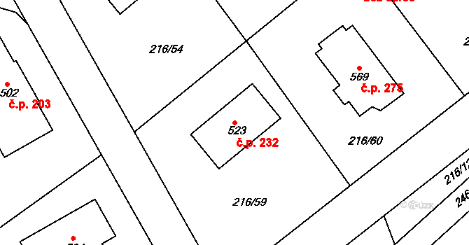 Řitka 232 na parcele st. 523 v KÚ Řitka, Katastrální mapa
