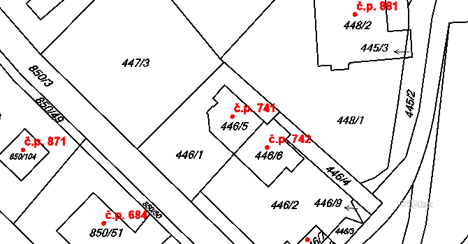 Kolovraty 741, Praha na parcele st. 446/5 v KÚ Kolovraty, Katastrální mapa