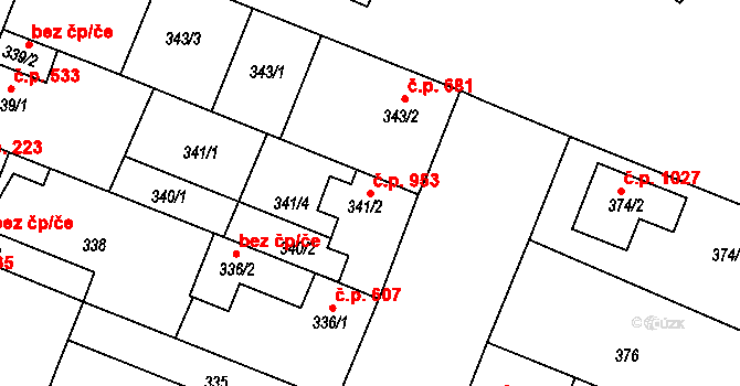 Lužice 953 na parcele st. 341/2 v KÚ Lužice u Hodonína, Katastrální mapa