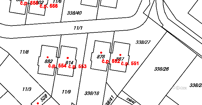 Kudlov 552, Zlín na parcele st. 878 v KÚ Kudlov, Katastrální mapa