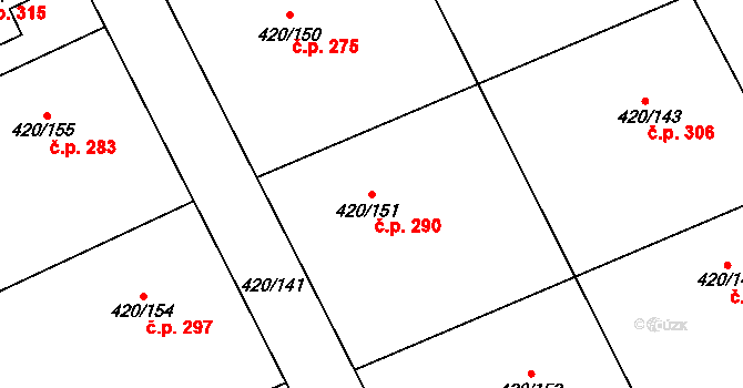 Křeslice 290, Praha na parcele st. 420/151 v KÚ Křeslice, Katastrální mapa