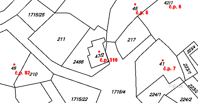 Tymákov 316 na parcele st. 47/2 v KÚ Tymákov, Katastrální mapa