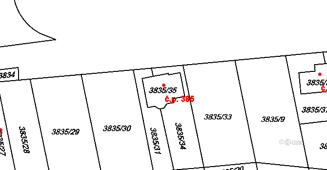 Pustkovec 385, Ostrava na parcele st. 3835/35 v KÚ Pustkovec, Katastrální mapa