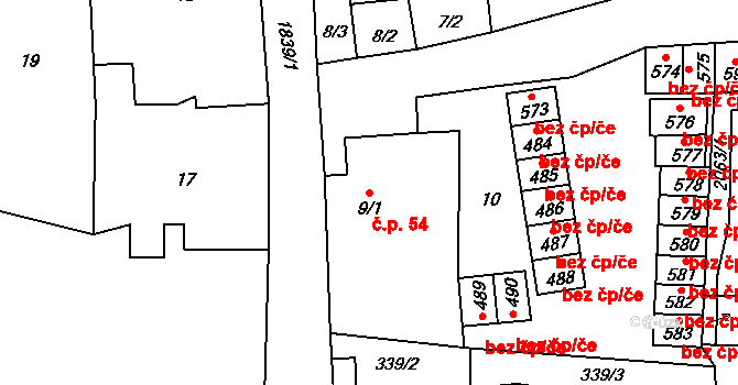 Ryžoviště 54 na parcele st. 9/1 v KÚ Ryžoviště, Katastrální mapa
