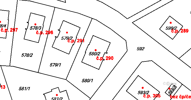 Jenišov 290 na parcele st. 580/2 v KÚ Jenišov, Katastrální mapa
