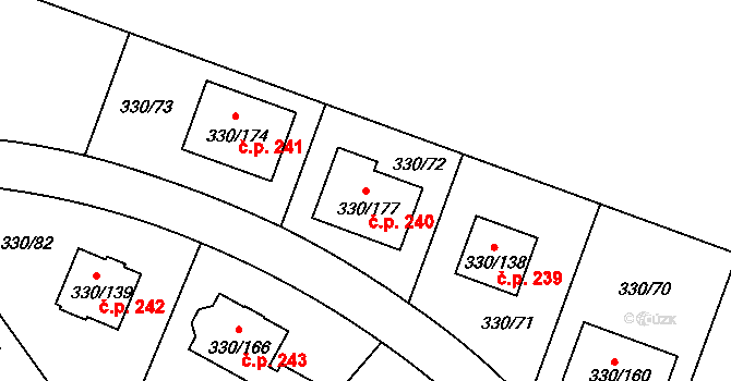 Hlušovice 240 na parcele st. 330/177 v KÚ Hlušovice, Katastrální mapa