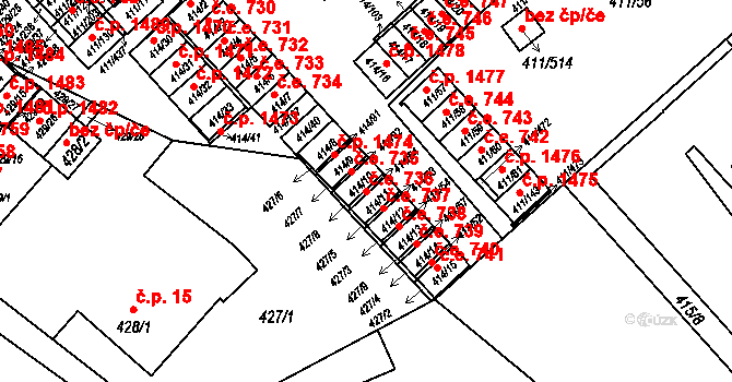 Ráj 736, Karviná na parcele st. 414/10 v KÚ Ráj, Katastrální mapa
