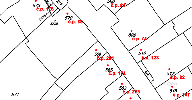 Lovčičky 201 na parcele st. 568 v KÚ Lovčičky, Katastrální mapa