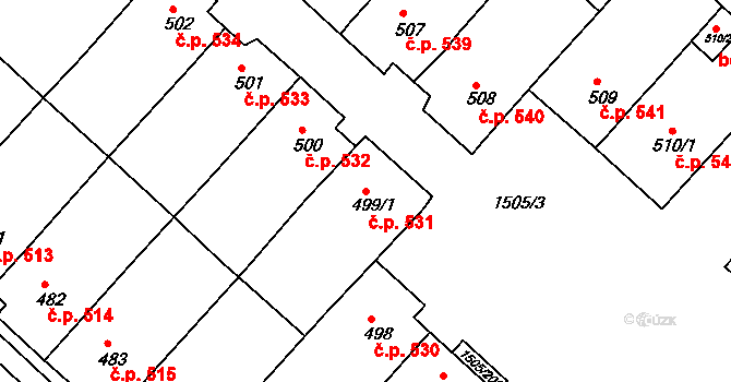 Ostrožské Předměstí 531, Uherský Ostroh na parcele st. 499/1 v KÚ Ostrožské Předměstí, Katastrální mapa