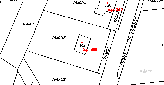 Jevišovice 455 na parcele st. 826 v KÚ Jevišovice, Katastrální mapa