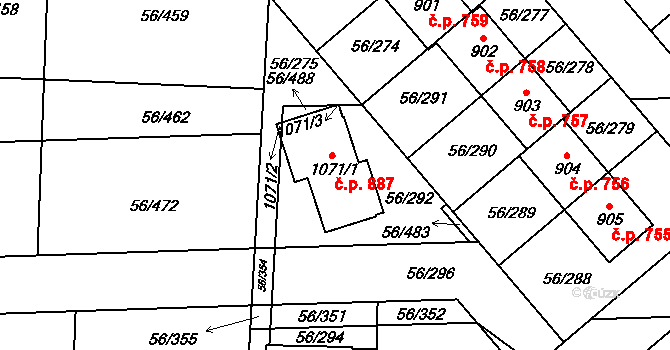 Hovorčovice 887 na parcele st. 1071/1 v KÚ Hovorčovice, Katastrální mapa