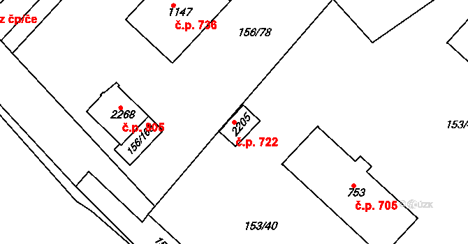Lobeček 722, Kralupy nad Vltavou na parcele st. 2205 v KÚ Lobeček, Katastrální mapa
