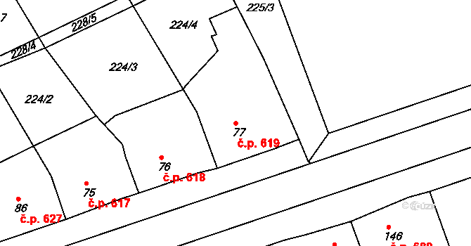 Rudná 619 na parcele st. 77 v KÚ Hořelice, Katastrální mapa