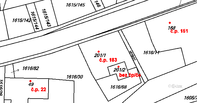 Horní Roveň 183, Dolní Roveň na parcele st. 201/1 v KÚ Horní Roveň, Katastrální mapa